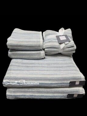 9pc Soho Living Blue & Grays Striped Bath Hand Washcloth Towel Set 100% Cotton